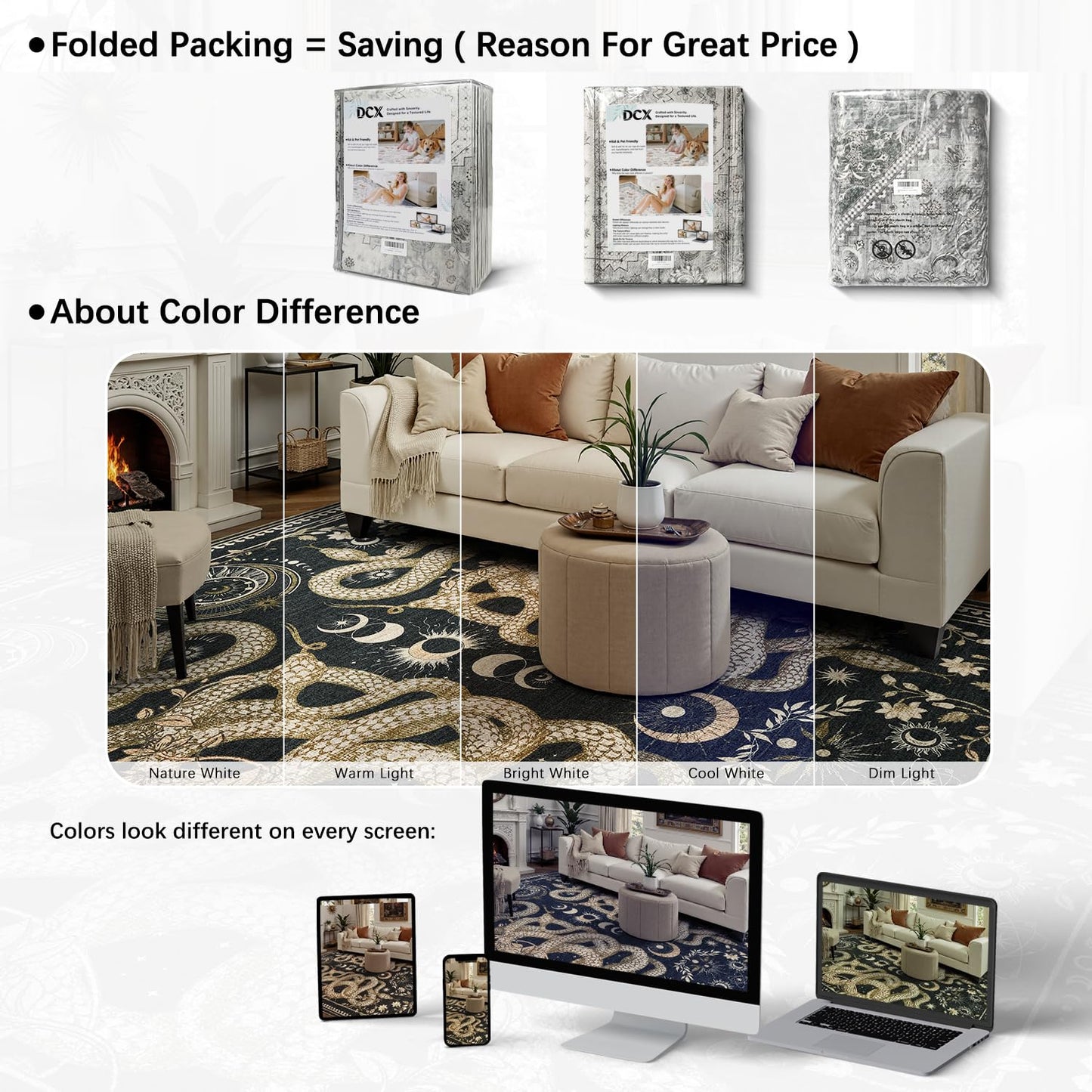 DCX Washable 5x7 Snake Rug, Black Gothic Rug for Living Room, Soft Low Pile Carpet, Kid & Pet Friendly with Rubber Back Non Slip, Stain Resistant Rug for Bedroom Dining Room Office