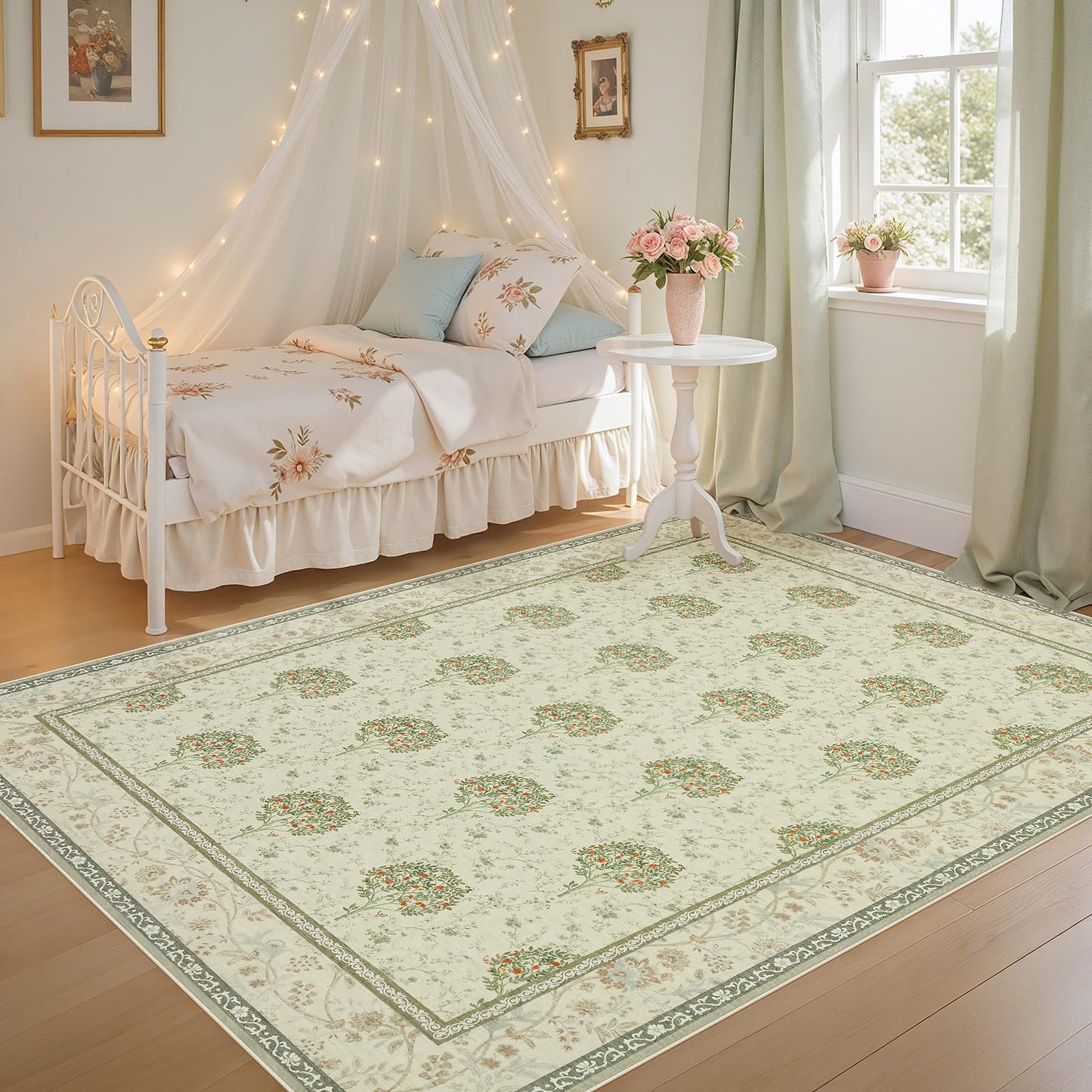 Joydeco Boho Floral Large Rugs for Living Room Nursery, Washable Beige Kids Bedroom Rug 8x10 Under Bed, Botanical Non Slip Throw Carpet for Playroom Kids Dining Room Dorm Classroom, Beige