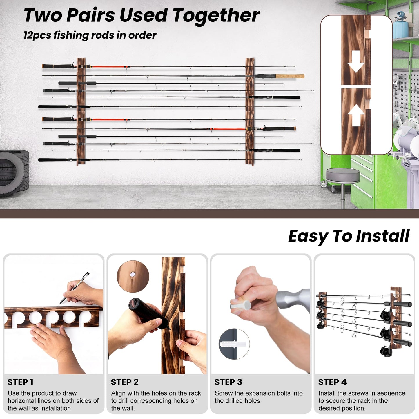 Wooden fishing rod holder Wall or Ceiling Mount – Holds Up to 6 Rods or Combos, Fishing Pole Holder for Garage, Boat, Cabin & Tackle Storage Organization