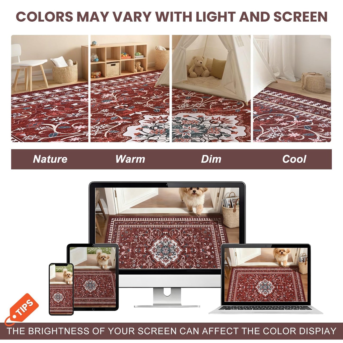 BLEUM CADE 8' x 10' Red Boho Rugs for Living Room, Washable Low Pile Non-Slip Area Rugs for Bedroom Dining Room Kitchen Classroom Office Nursery Playroom