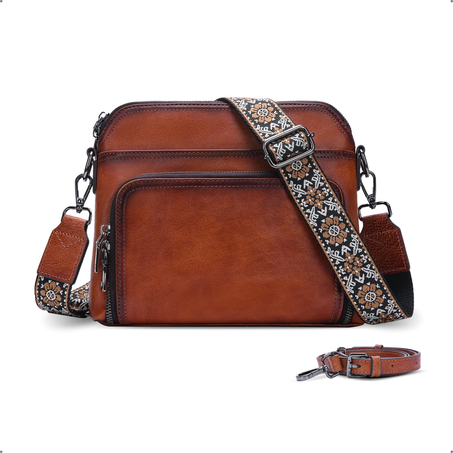 HESHE Genuine Leather Crossbody Bags for Women Satchel Purses Shoulder Handbags with 2 Adjustable Strap Hobo Purse (Brown)