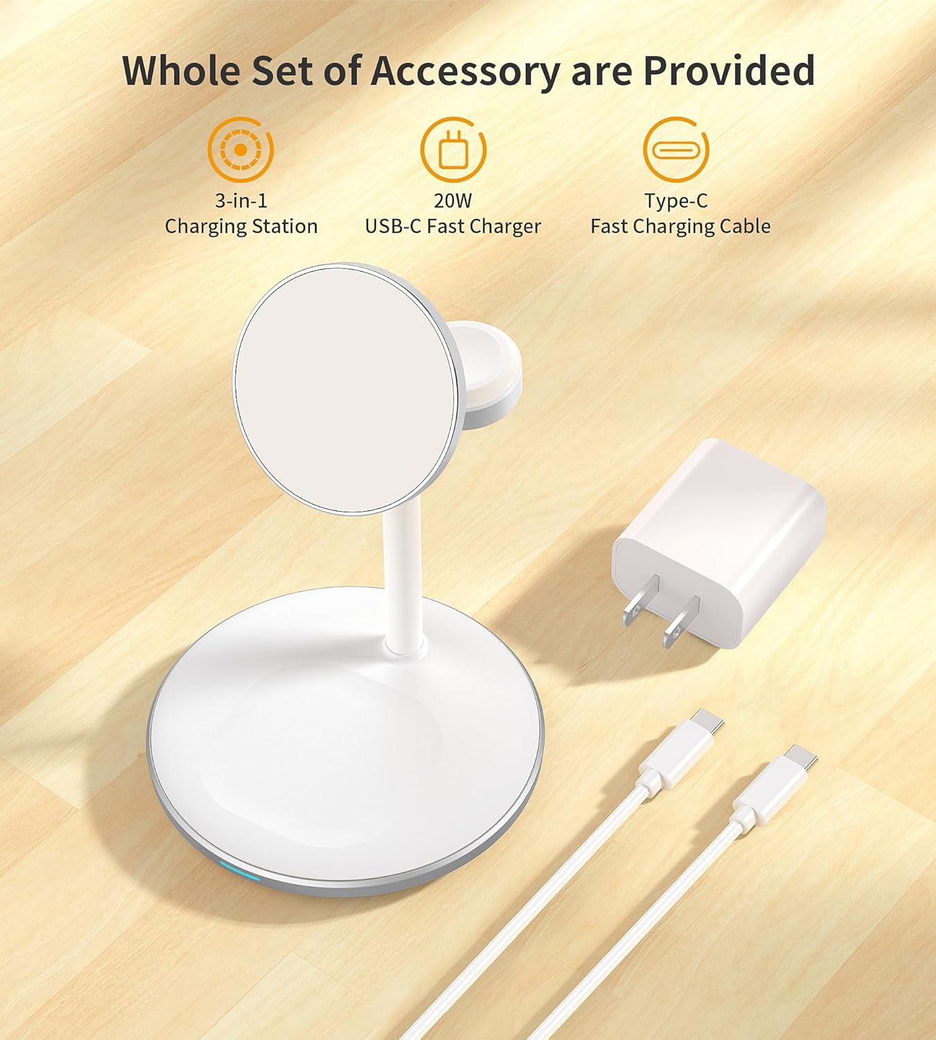 XooFly 3 in 1 Wireless Charging Station for Apple Devices, 15W Fast Wireless Mag-Safe Charger Stand with 20W Adapter for iPhone 17 16 15 14 13 12 Pro Max/Air/Plus/Pro/Mini,iWatch,AirPods (White)
