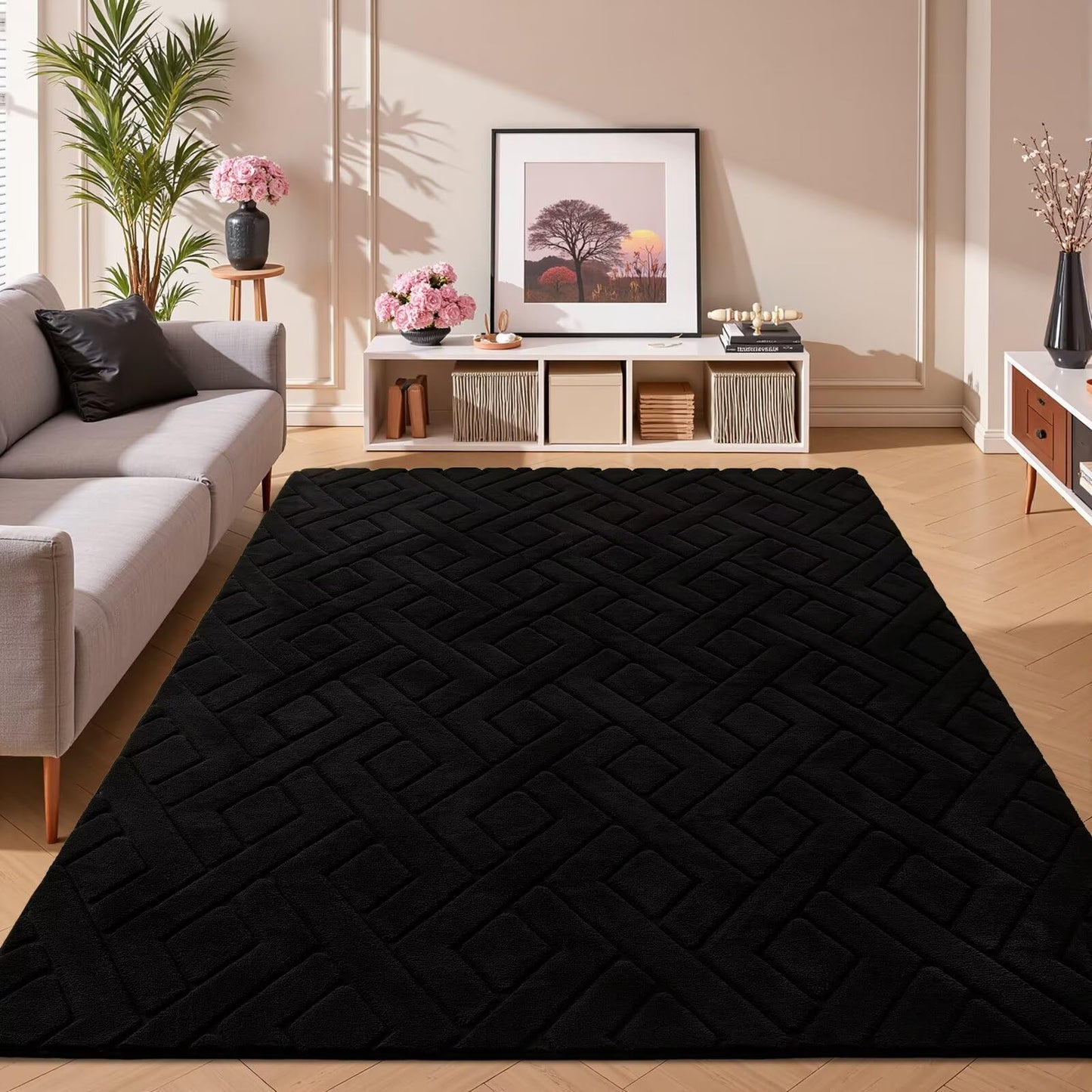 Flagover 4x6 Black Washable Area Rug for Bedroom, Modern Geometric Shag Non-Slip Living Room Rugs, Fluffy Plush Soft Memory Foam Carpet for Kids Boys Room Nursery Room Dorm Bedside Decor