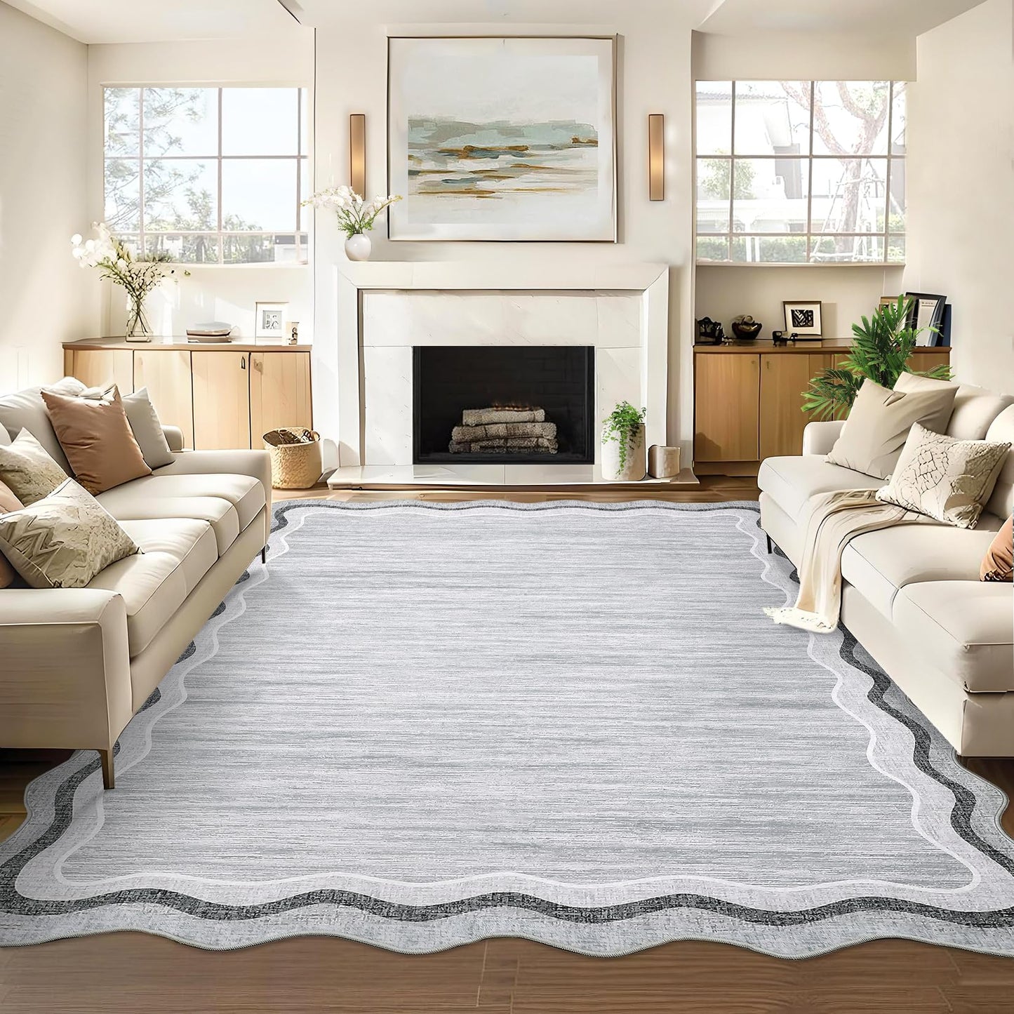 Garvee Scalloped 8x10 Rugs Washable Area Rugs for Living Room,Modern Stain Resistant Solid Rug for Bedroom, Scalloped Low Pile Non-Slip Neutral Rug for Farmhouse Dining Room Home Office Dorm,Grey