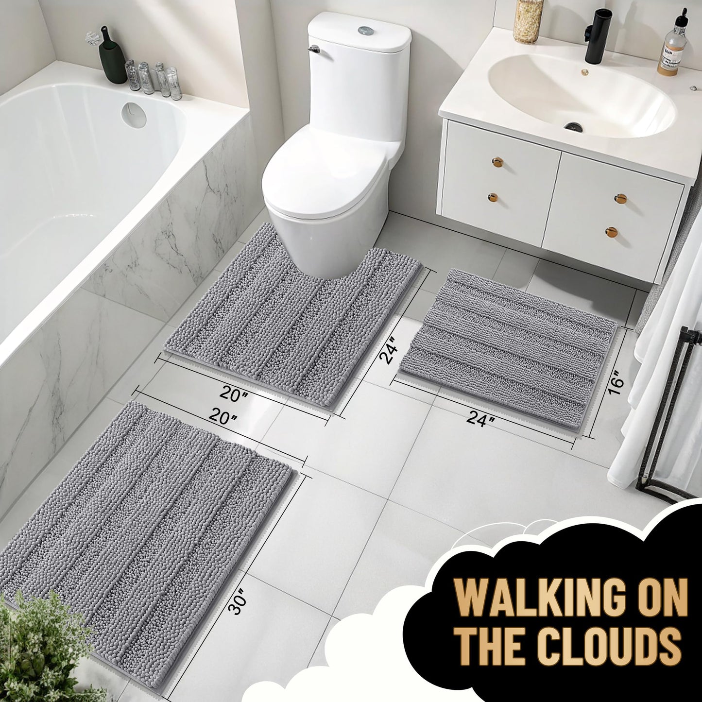 OLANLY Thick Bathroom Rugs 30x20, Extra Soft Absorbent Chenille Striped Bath Rugs, Rubber Backing, Machine Wash Dry, Bath Mats for Bathroom Floor, Tub and Shower, Home Decor Accessories, Grey