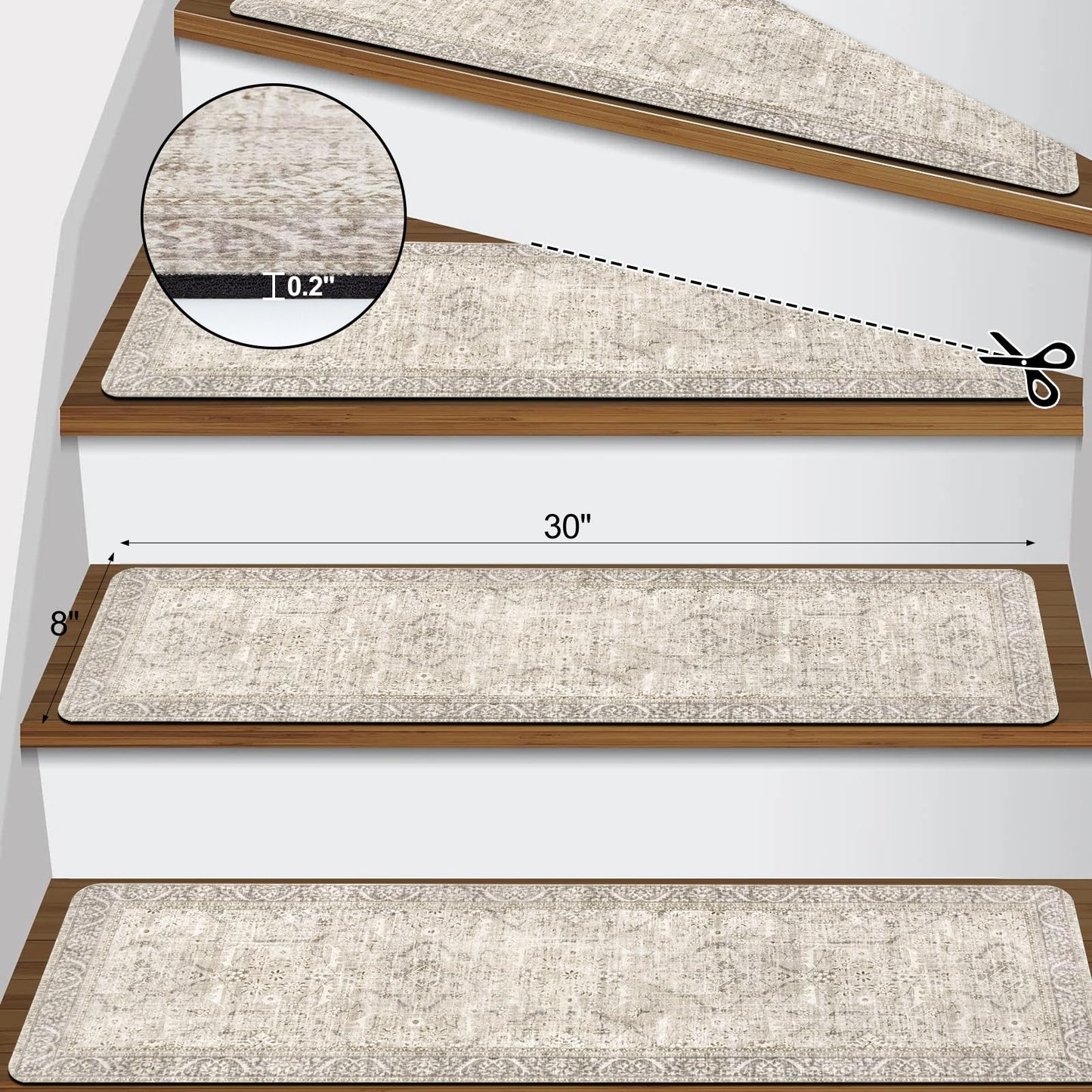 Tiveney Stair Treads Non Slip 15PCS 8"x30" Stair Runner, Rubber Backing Carpet Stair Treads for Wooden Steps, Washable Safety Carpet for Stairs Khaki Indoor Staircase Step Treads for Kids Elder Dogs