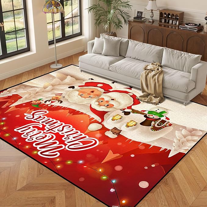 Christmas Area Rug 6' x 9' Washable Living Room Carpet Xmas Snowflake Holiday Decor Indoor Bedroom Throw Rug Decor Low Pile Large Carpet Dining Room Office Nursery