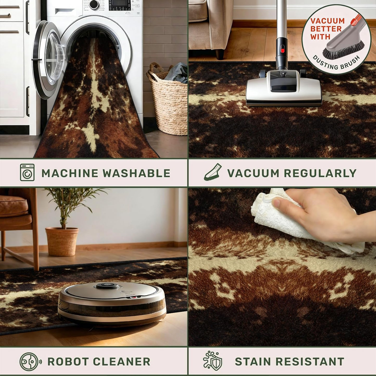 Bycmuoz Cowhide Runner Rug, 2x6ft, Western Faux Animal Hide Entryway Rug for Hallway Entryway, Non Slip Rustic Farmhouse Kitchen Runner, Washable Absorbent Carpet Brown