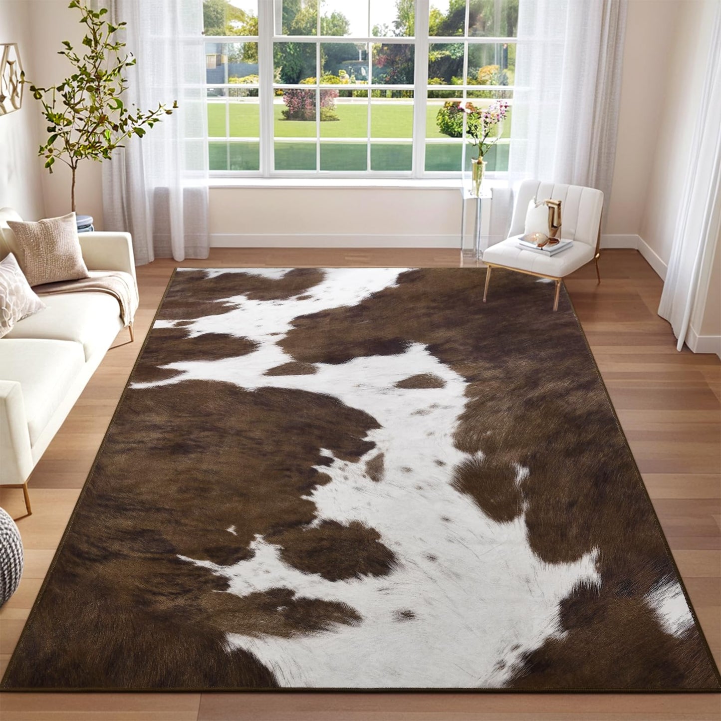 DweIke Cow Print Rug 4x6 – Brown Faux Cowhide Rugs, Washable Soft Non-Slip Stain Resistant Animal Cow Hide Carpet for Living Room Bedroom Dining Room Office, Western Home Decor