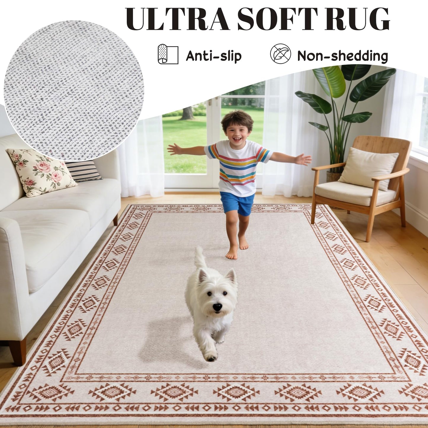 QDUIDU Large Area Rug for Bedroom Living Room, 4x6 Feet Ultra Soft Cream Rugs Washable Modern Geometric Bordered Non Slip Low Pile Carpets Home Decor