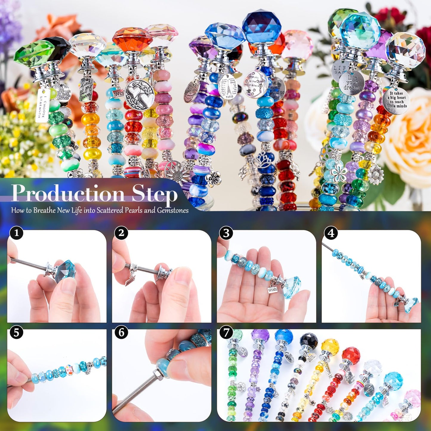 513Pcs DIY Beaded Garden Stakes, Fairy Wand Kit Garden Stakes Decorative with 18 Threaded Rod, Crystal Top, Large Holes Bead for Christmas Plants Garden Outdoor&Indoor Decorative(12IN)