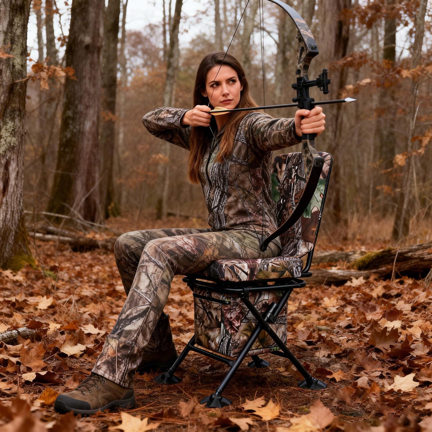 FUNHORUN Hunting Chair with Storage Bag, 360 Degree Silent Swivel Hunting Seat, Camouflage Foldable Ground Blind Chair, Tool-Free Padded Cushion Portable Seat, Lightweight