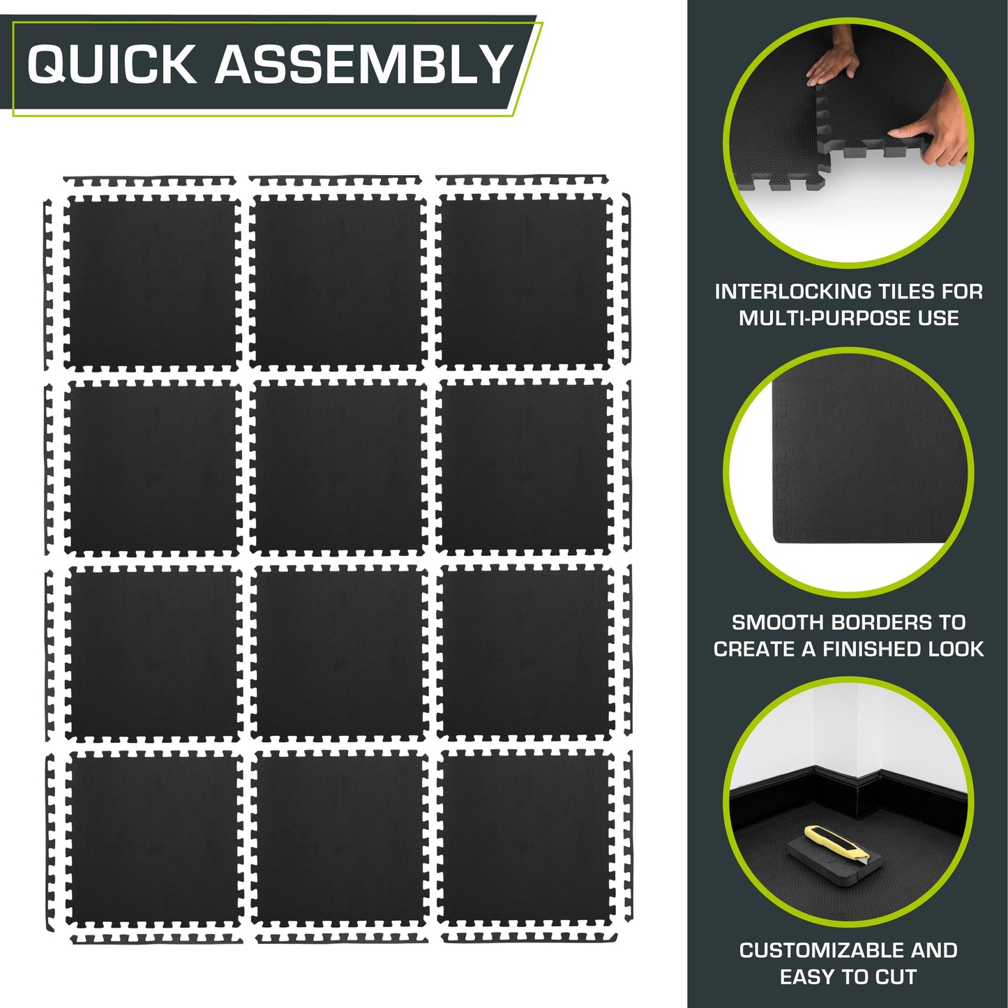 ProsourceFit Weaved Pattern Extra Thick Exercise Puzzle Mat 3/4-inch, EVA Foam Interlocking Tiles for Protective, Cushioned Flooring for Home and Gym Equipment; Black, 48 SQ FT, 12 Tiles