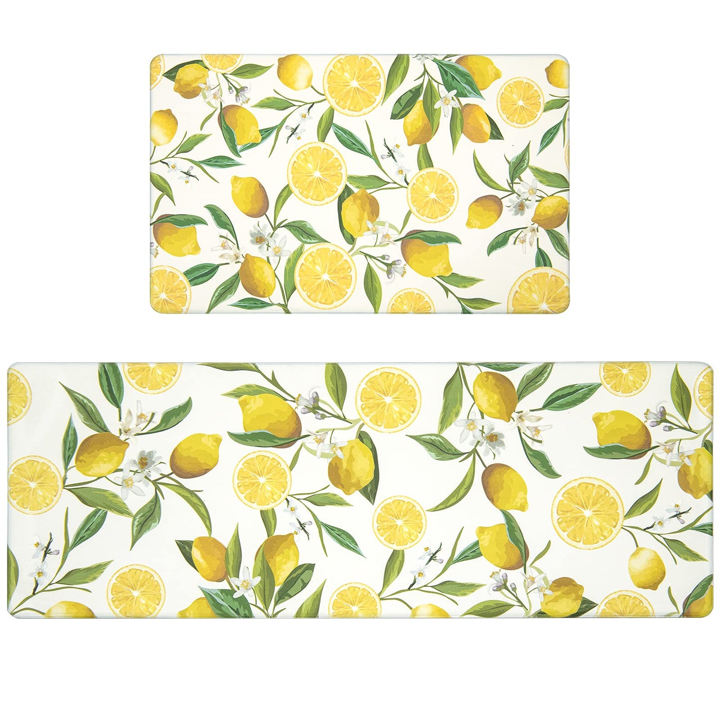 SHACOS Anti Fatigue Lemon Kitchen Rugs Mats Set of 2 Pieces Non Slip Soft Cushioned Wipeable Kitchen Mats for Floor Standing Mats, 17"x27.5"+17"x47", White