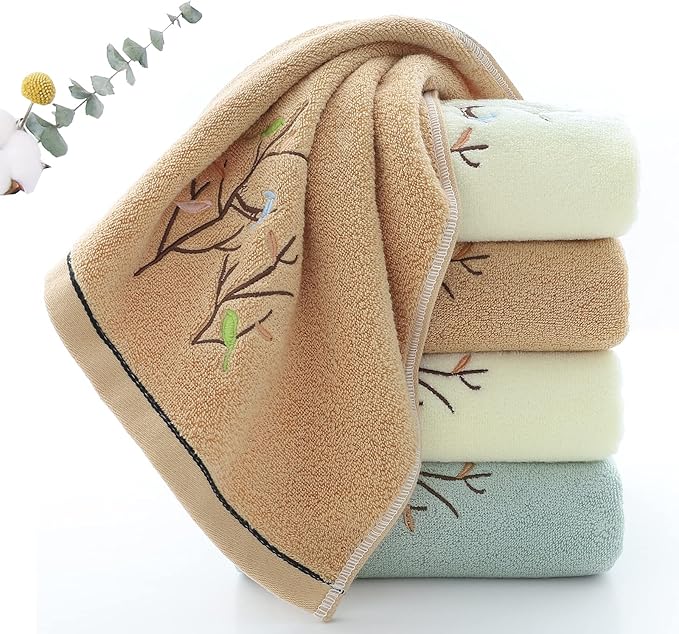 Pidada Hand Towels Set of 4 Embroidered Bird Tree Pattern 100% Cotton Absorbent
