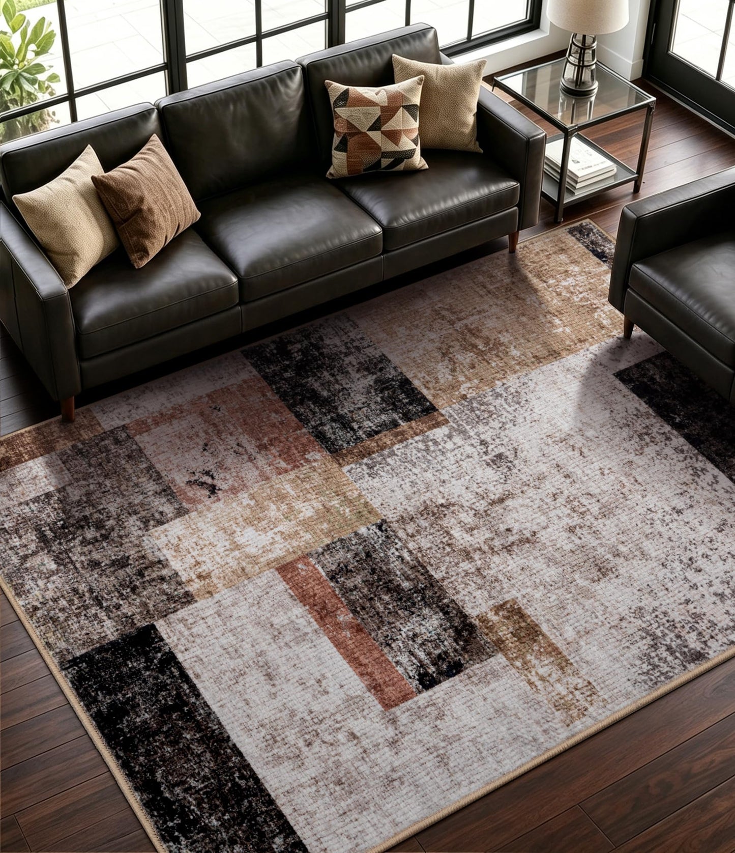YIHOUSE Washable Geometric Patchwork Rugs for Living Room, Modern Abstract 6x9 Area Rug for Dining Room Table Non Slip Low Pile, Soft Southwestern Rustic Carpet for Bedroom Office