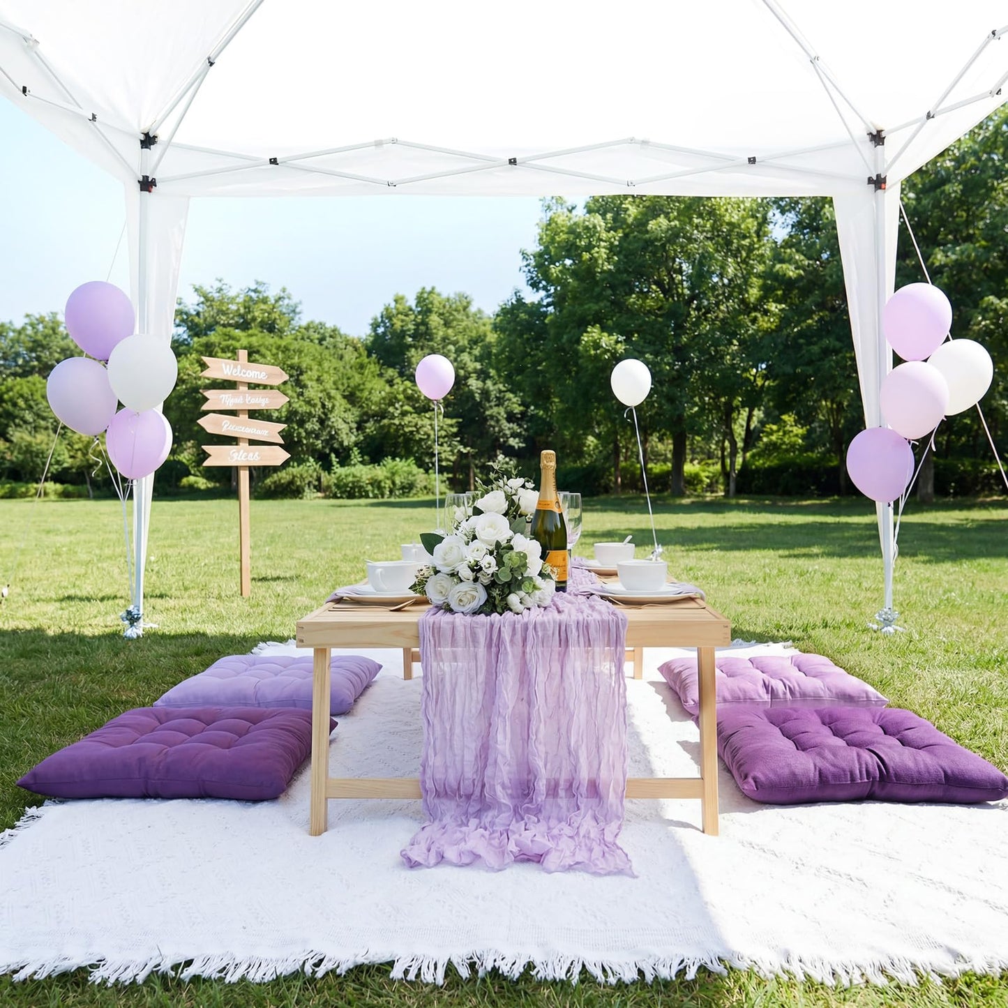 Hillsuren 8 Pcs Fit for 6 People 91 x 71'' Extra Large Outdoor Picnic Blanket with Purple Table Runner and Floor Pillow Cushion Fit for 6 People Picnic Wedding Birthday Baby Shower Backyard Decor