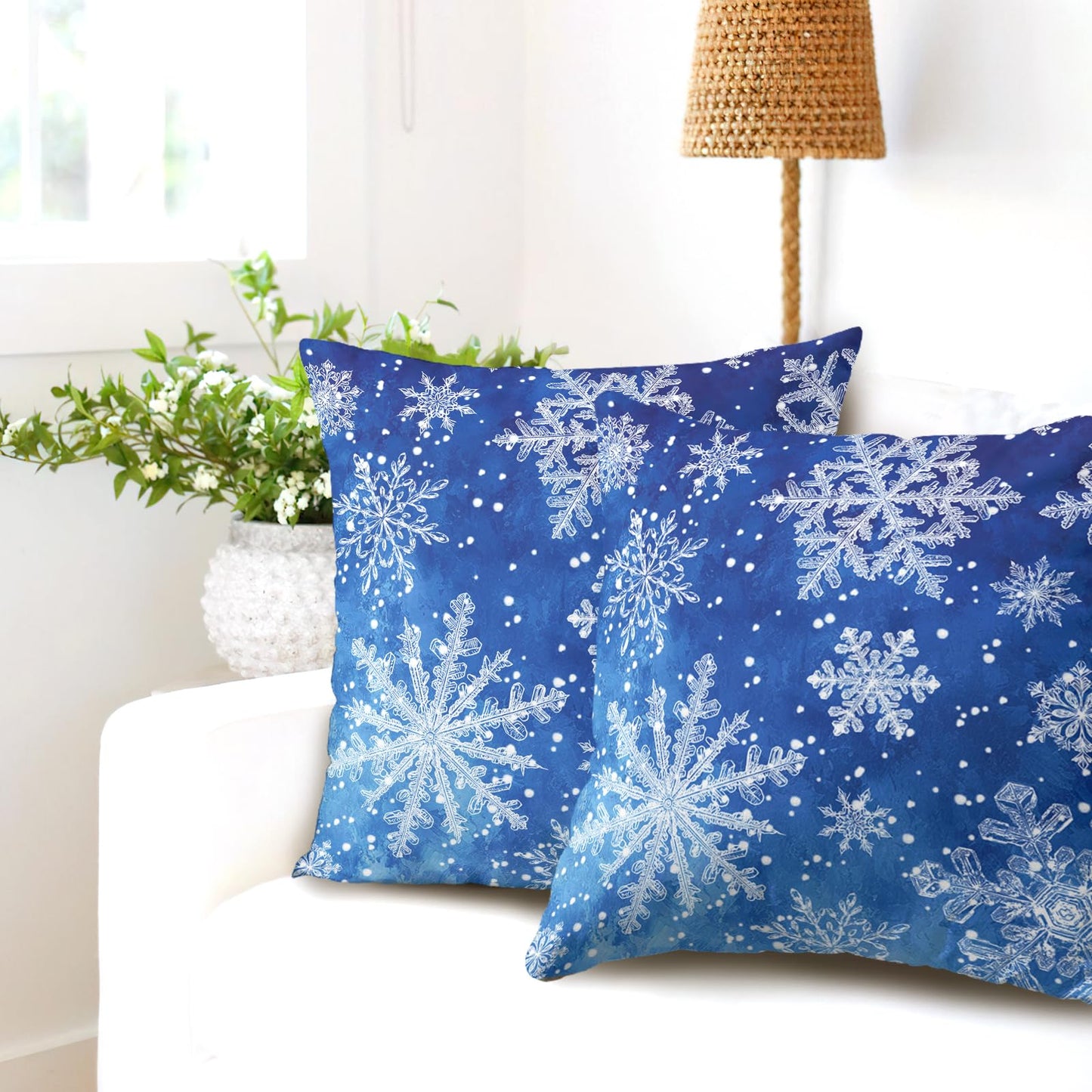 Wnoesat Winter Blue Snowflake Throw Pillow Covers 18x18 Set of 2 Merry Christmas Snowflakes Decorative Pillow Cases Xmas Holiday Outdoor Pillowcase for Farmhouse Living Room Decor