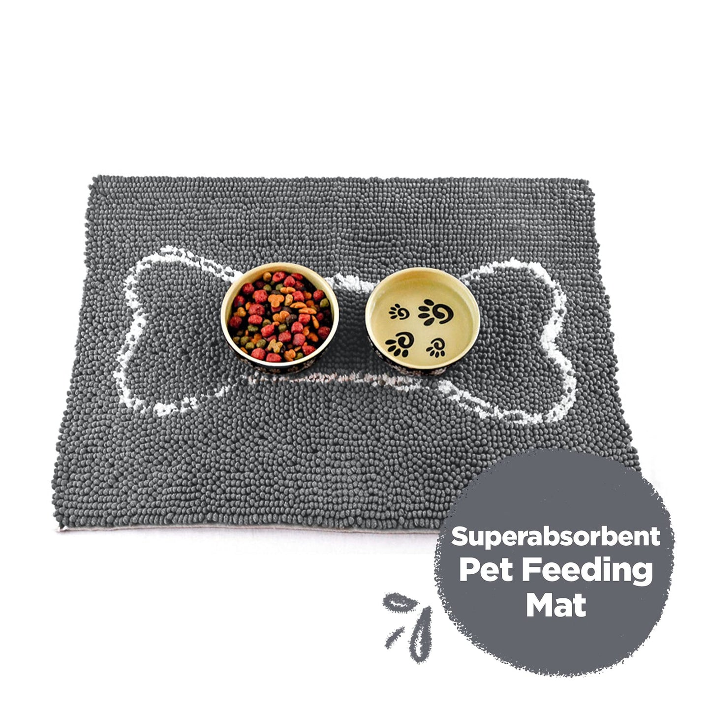 Soggy Doggy Slopmat Dog Food Mat – Absorbent Microfiber Chenille Pet Feeding Mat for Food & Water Bowls, Muddy Paws Small Doormat, Non-Slip, Machine Washable Rug – Gray/Light Gray Bone, 18” x 24”
