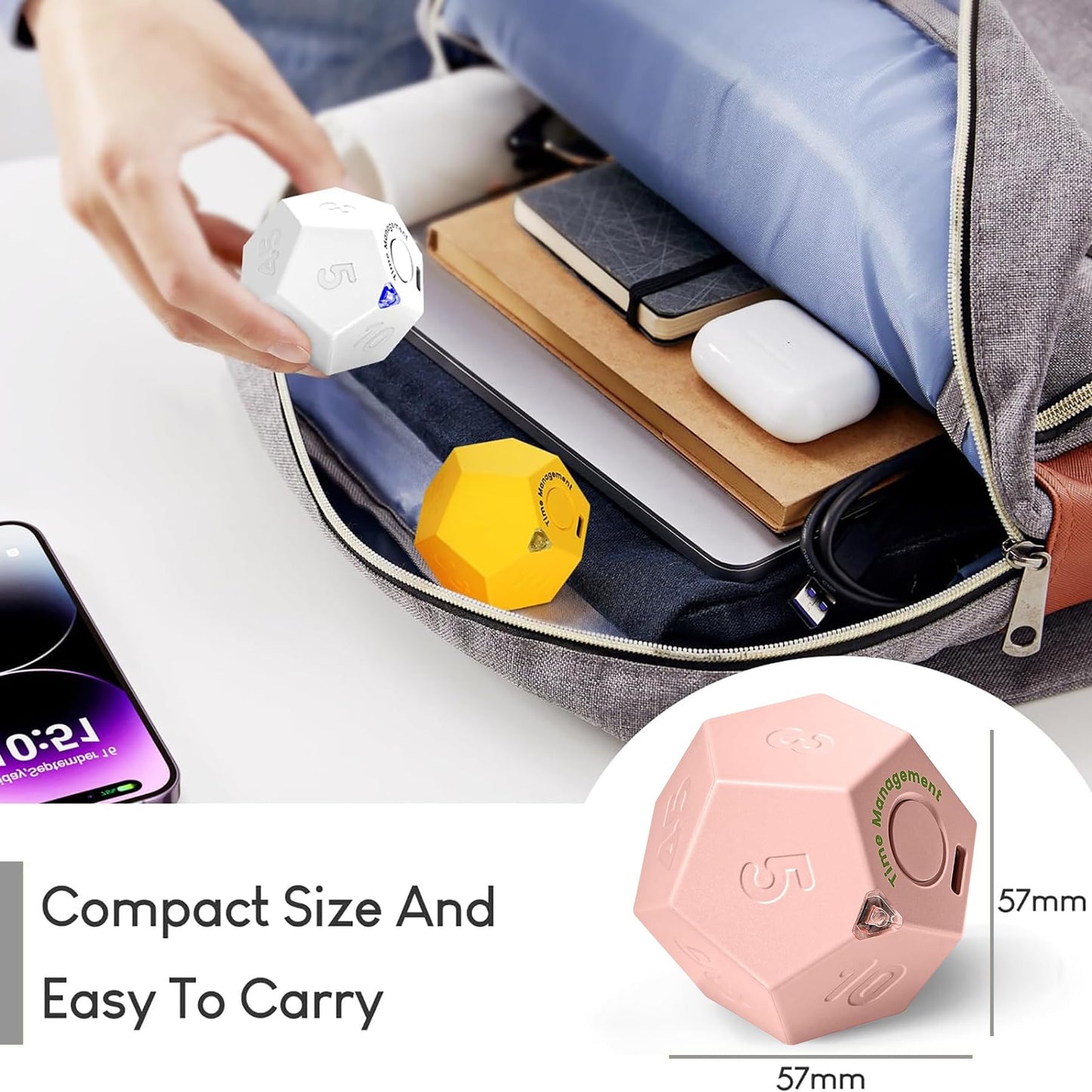 BEBESIRI Mini 12 Sided Cube Timer, 11 Preset Times Pomodoro Timer for Enhanced Productivity. Ideal for ADHD Management, Workout, Study & Kitchen Cooking. Easy to Use (Pink)