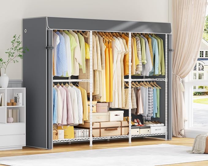 ULIFHOME E14C Pro Heavy Duty Closet Organizer System,Freestanding Clothing Racks for Hanging Clothes,Adjustable Garment Rack 69" W × 16" D × 77" H Hold 960 lbs,White Rack with Grey Dustproof Cover