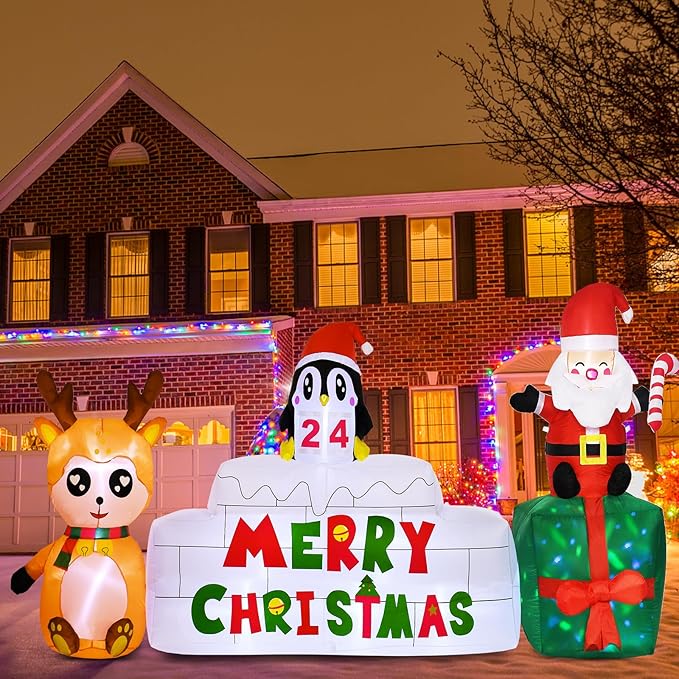 10 Ft Christmas Inflatables Outdoor Decorations Countdown Xmas Blow Up Yard Decorations, Reindeer Santa Inflatables Built-in Rotating Colorful LED Lights Xmas Holiday Party Lawn Decor