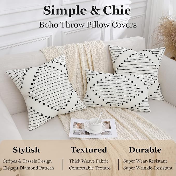Mecatny Boho Outdoor Throw Pillow Covers 18X18 Set of 2, Farmhouse Decorative Pillow Covers for Couch Sofa Living Room, Black & Cream White