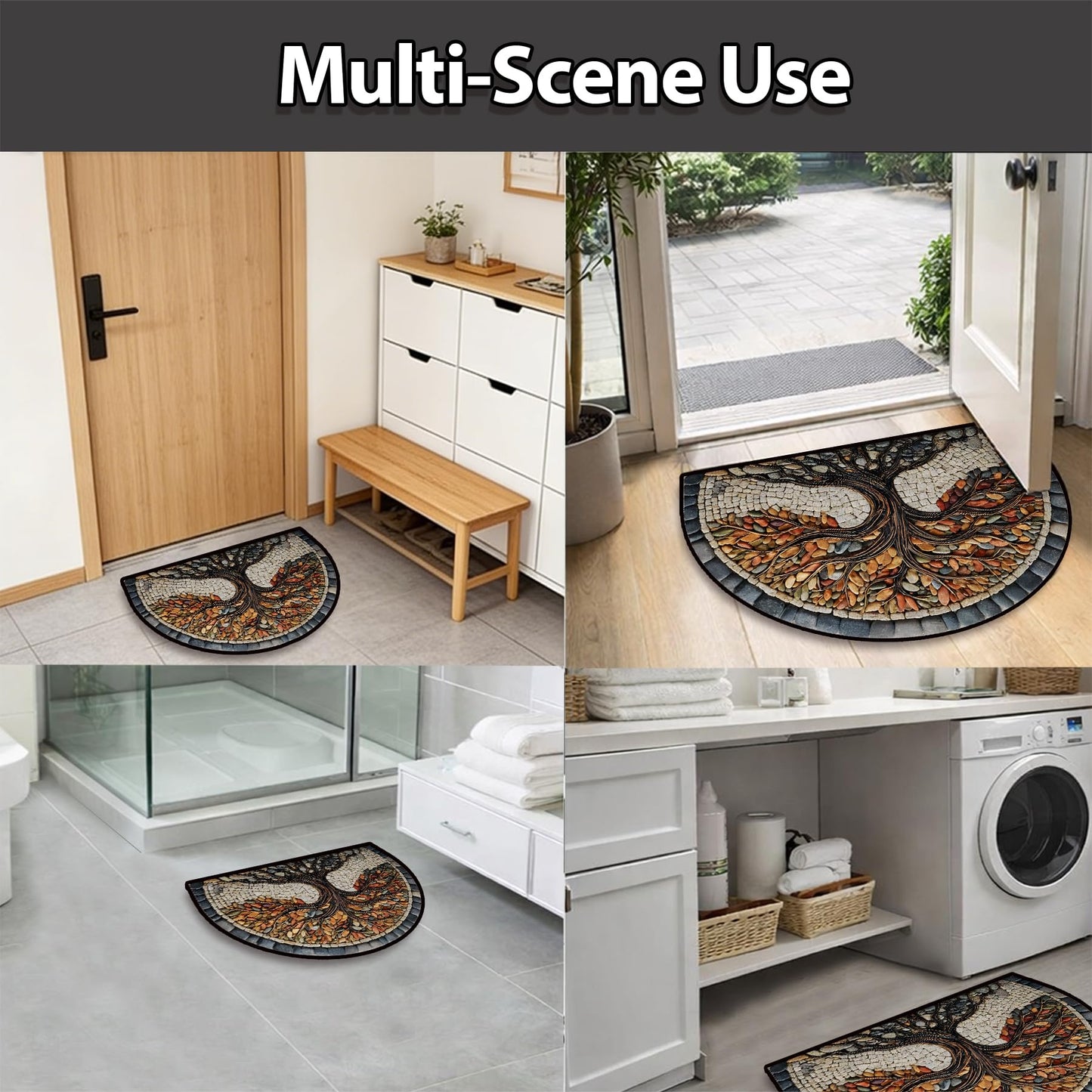 NYZE Semi Circle Door Mat Half Round Welcome Mat Non Slip Low-Pile Absorbent Half Circle Entryway Rug for Bathroom Bedroom Laundry Room (Tree of Life-A, 24"×36")