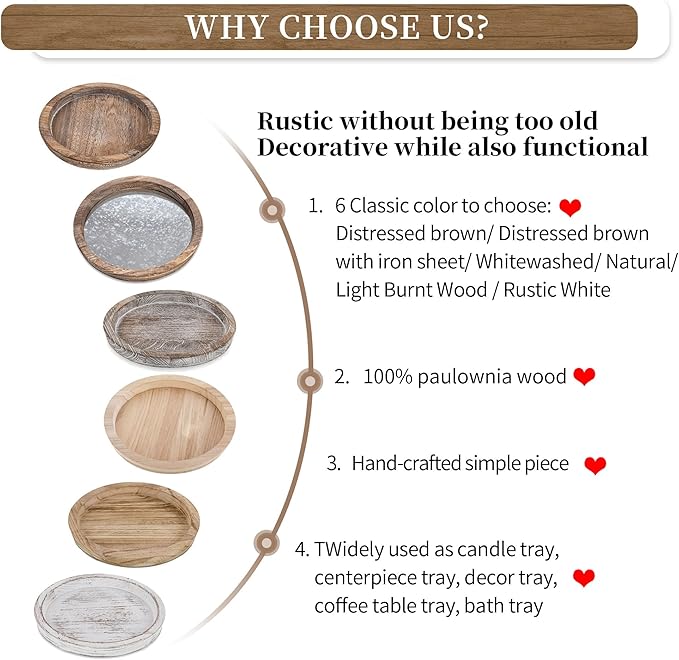 Hanobe Rustic Wooden Serving Tray: Round Wood Decorative Tray Rustic White Centerpiece Candle Holder Trays Farmhouse Ottoman Tray for Decor Kitchen Counter Home Decor for Coffee Table