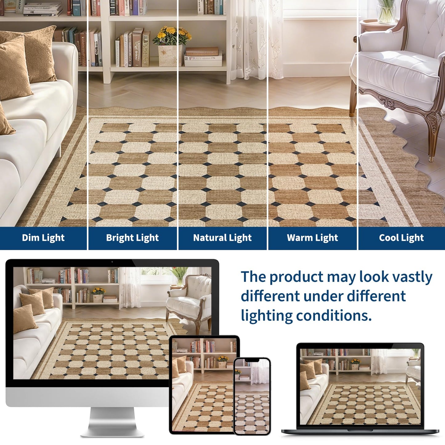 Garvee Easy Jute Scalloped Area Rug, 4x6 Neural Checkered Modern Washable Rugs for Living Room Non-Slip Low Pile Entryway Rug, Farmhouse Indoor Outdoor Carpet for Kitchen Backyard Bedroom Office 4'x6'