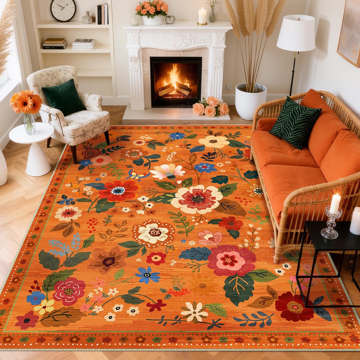 RELEANY Floral 5x7 Area Rugs Washable Print Boho Cute Carpet Non Slip Flower Low Pile for Living Room Bedroom Kitchen Office Farmhouse-Burnt Orange