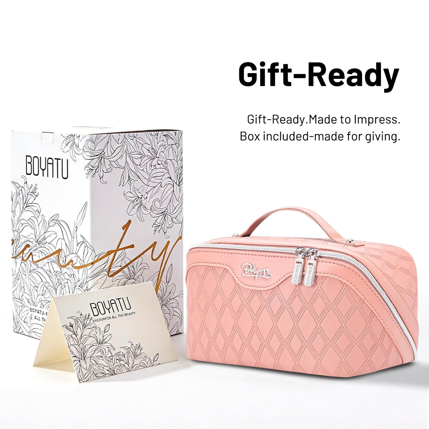 BOYATU Travel Makeup Bag for Women: Large Capacity 3-Piece Quilted Cosmetic & Toiletry Organizer - 2 Detachable Pouches Expand Storage by 50%, Open Flat for Easy Packing, Waterproof PU Leather(Pink)