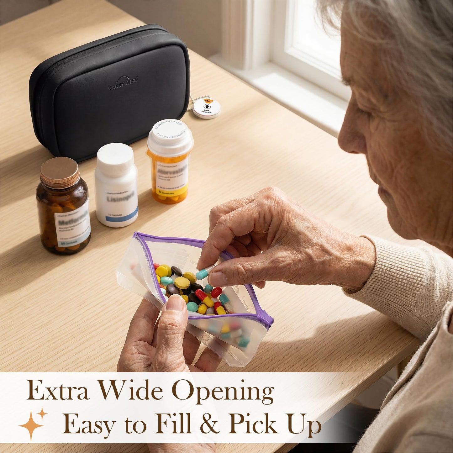 Weekly Pill Organizer,Vegan Leather Travel Medicine Bag - Pill Container with 7 Color-Coded Resuable Waterproof Pills Pouches, Dual-Sided Labeling Design & Reminder Spinner for Vitamins, Supplements
