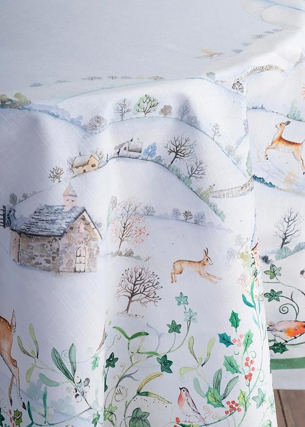 Maison d' Hermine Table Cloth Round Table 100% Cotton 63 Inches Fall Tablecloth Reusable Everyday Use for Thanksgiving Christmas Decorations Dining Farmhouse Party (Snowy World)