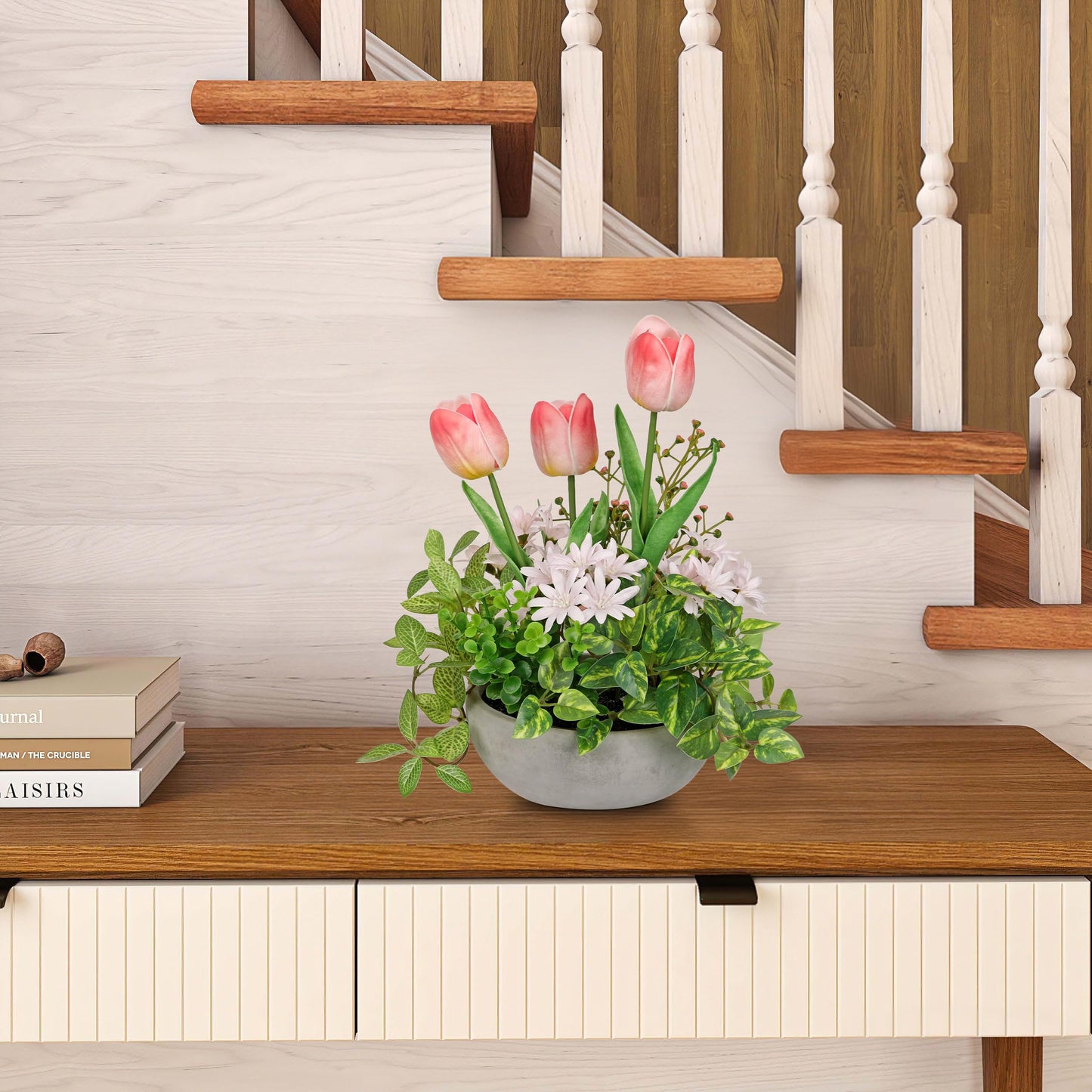 Flower Centerpieces 10.6" Artificial Plants & Flowers in Pot Mixed Artificial Tulip with Pink Flowers Green Plant, Realistic Farmhouse Flowers Arrangements for Table Office Desk Kitchen Home Decor