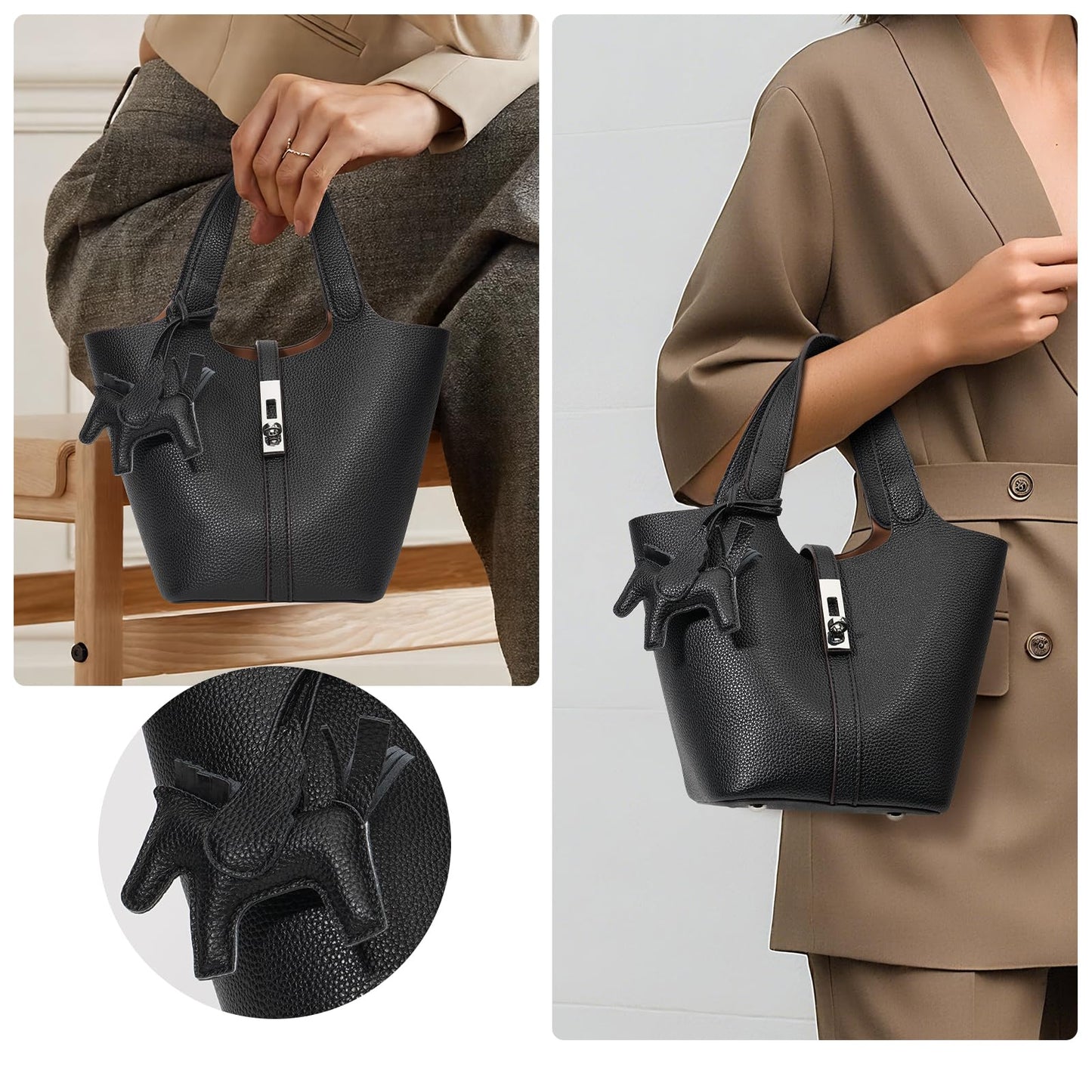 Kadynow Tote Bag for Women Vegan Leather Bucket Purse for Women Crocodile Pattern Top Handle Handbag Shoulder Bag with Detachable Small Purse New Black