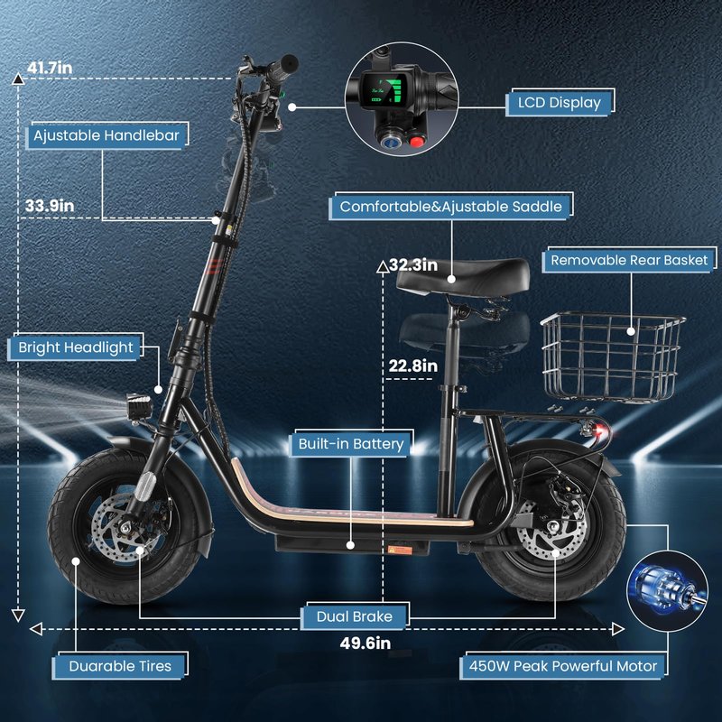 Caroma Peak 1200W Electric Scooter with Seat, 30 Miles Max Range, Electric Scooter Adults, Up to 20MPH Foldable Escooter with Basket,Key Start Adjustable E-Scooter,Classic White