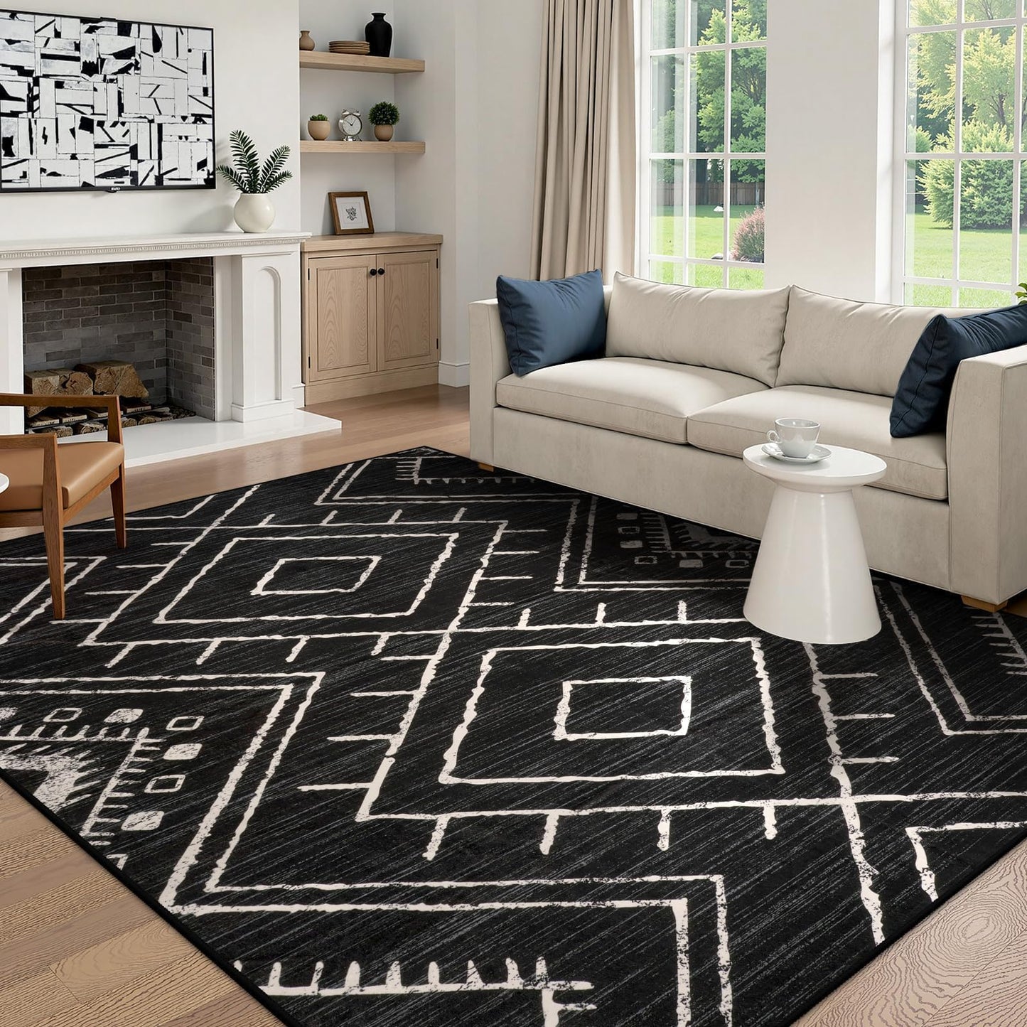 LIVEBOX Moroccan 8x10 Area Rug, Black Washable Rugs for Living Room Bedroom, Non Slip Western Tribal Rug Low Pile Geometric Large Area Rugs Diamond Carpet for Dining Room Home Office Decor Playroom