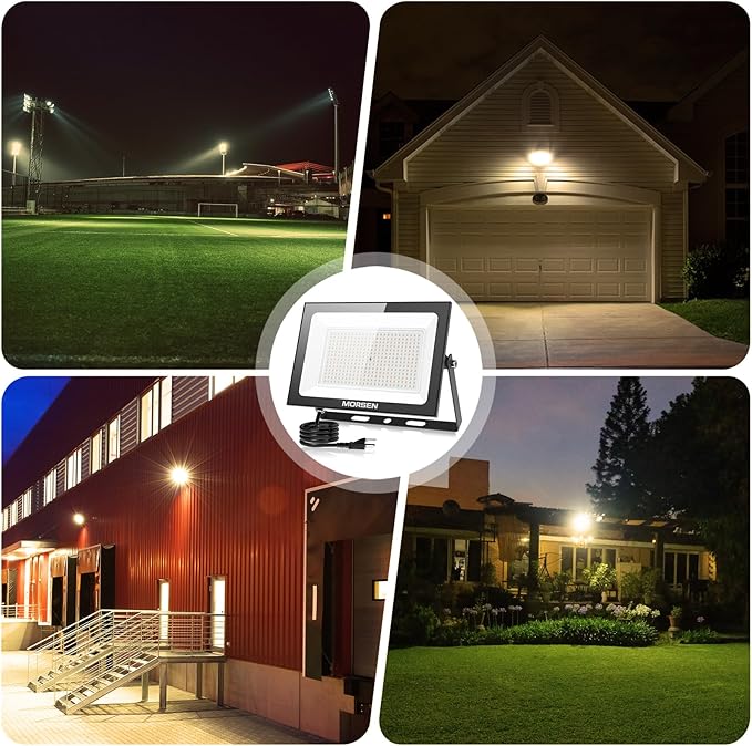 MORSEN 300W Warm White Led Flood Lights Outdoor, 3000K Super Bright 45000LM Security Lights with Plug,Exterior IP66 Waterproof FloodLight for Basketball Court, Yard, Garden, Playground 2 Pack