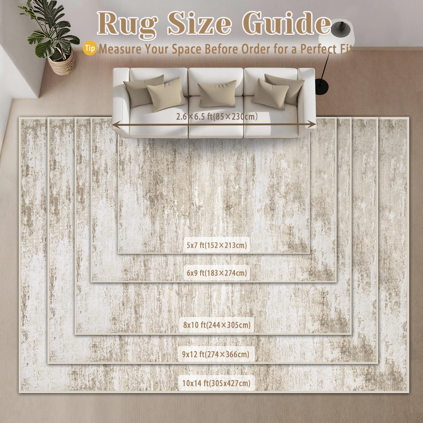 Washable Rug 8x10 Area Rugs for Living Room: Large Neutral Soft Rug Abstract Non Slip Low Pile Modern Carpet for Bedroom Kitchen Nursery Office Dining Room Indoor (Beige, 8'x10')