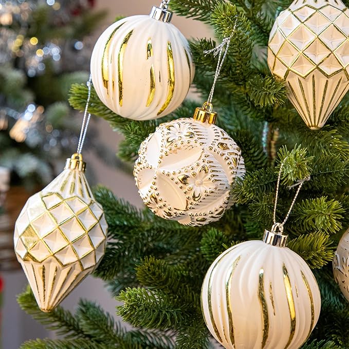 16PCS Shatterproof Christmas Ball Ornaments Set, Hand-Painted Holiday Decor with Assorted Sizes & Designs for Christmas Tree Thanksgiving Party Decoration, Gold-White