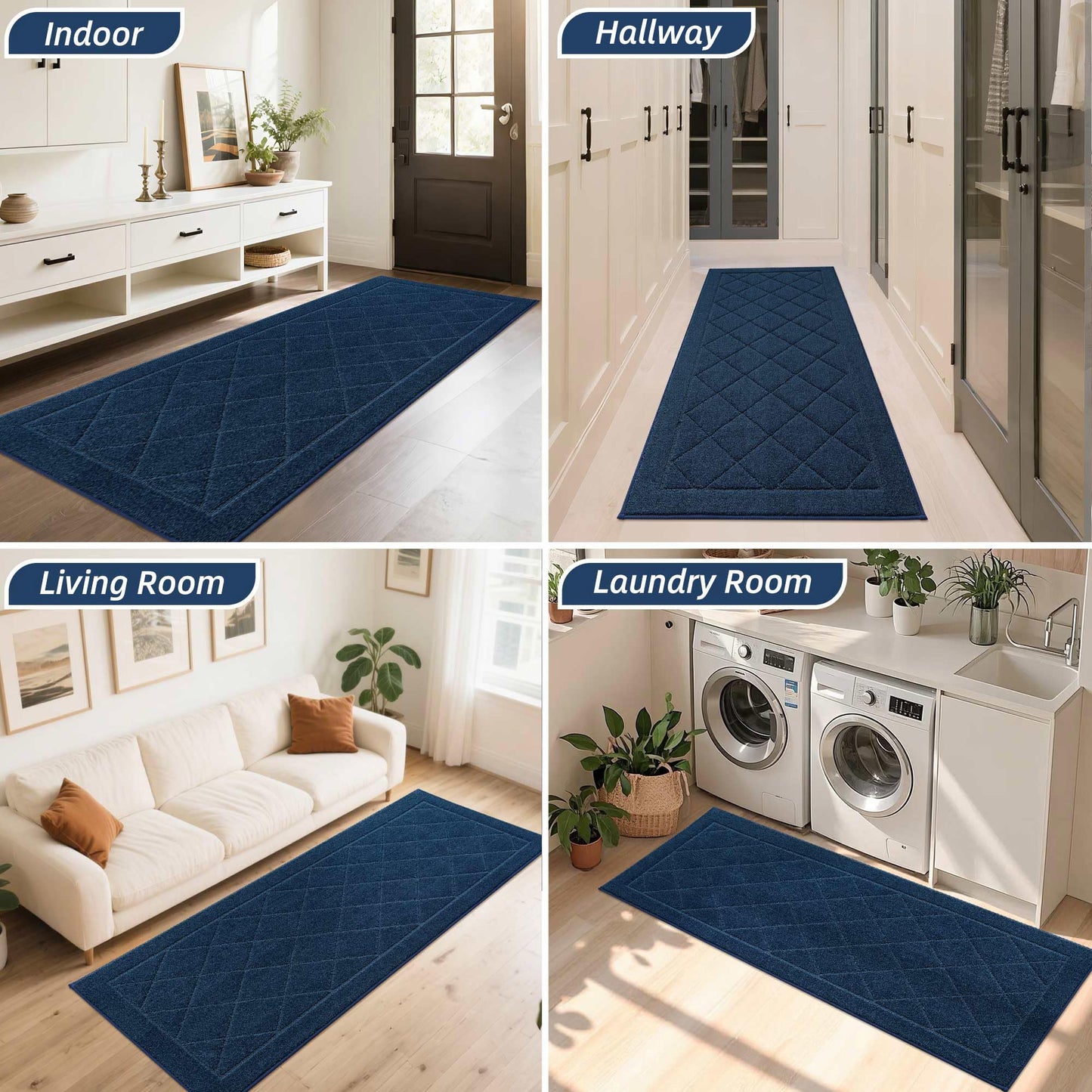 BEQHAUSE Dirt Trapper Door Mat 24" x 60", Doormat Non-Slip Entryway Rugs Washable, Dog Door Mat Stain Resistant and Absorbent Welcome Floor Mat for Front Back Door, Mud Wet Shoes & Paws, Navy Blue