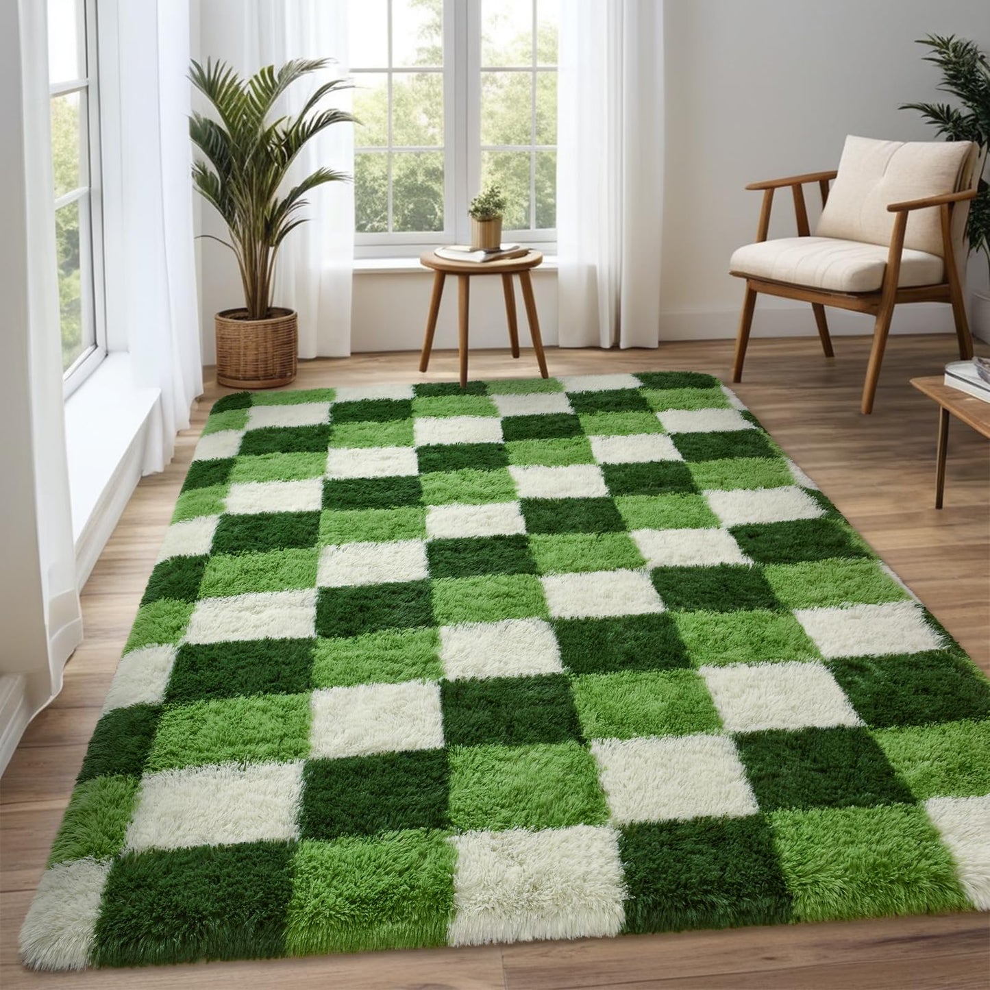 Nuttumico Modern Checkerboard Rug for Living Room Bedroom, 4x6 Ft Green Checkered Fluffy Carpet, Thickened Memory-Foam Area Rug for Kids Nursery Dorm, Home Decor, Anti-Slip and Easy to Clean