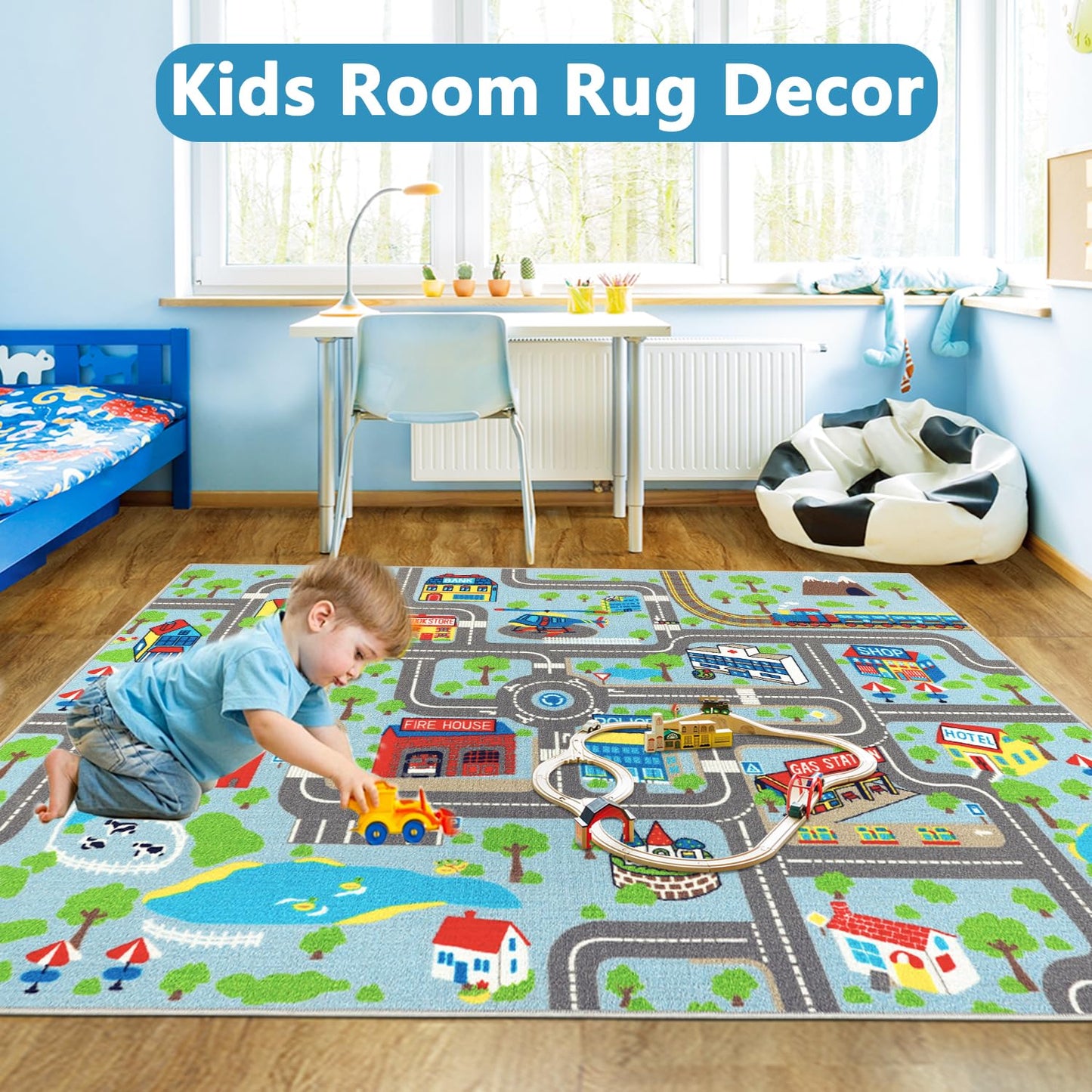 Capslpad Kids Rug Educational Play Rug 6.6' x 5' Traffic Road Kids Car Mat Large Learning Play Game Area Rug Kid Carpet for Playroom Living Room Nursery Room Decor, Sky Blue