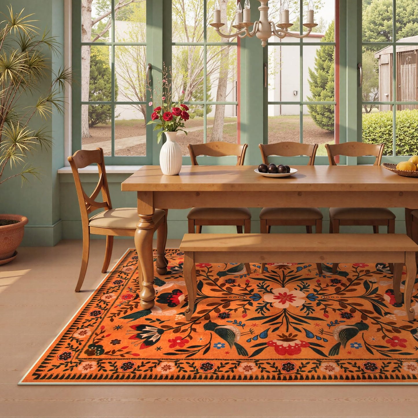 Moynesa Bedroom Rug 5x7, Washable Bohemian Scandinavian Orange Area Rugs for Living Room Dining Room Reading Coner, Modern Country Floral Bird Carpet, Fall Home Decor Non-Slip Protection