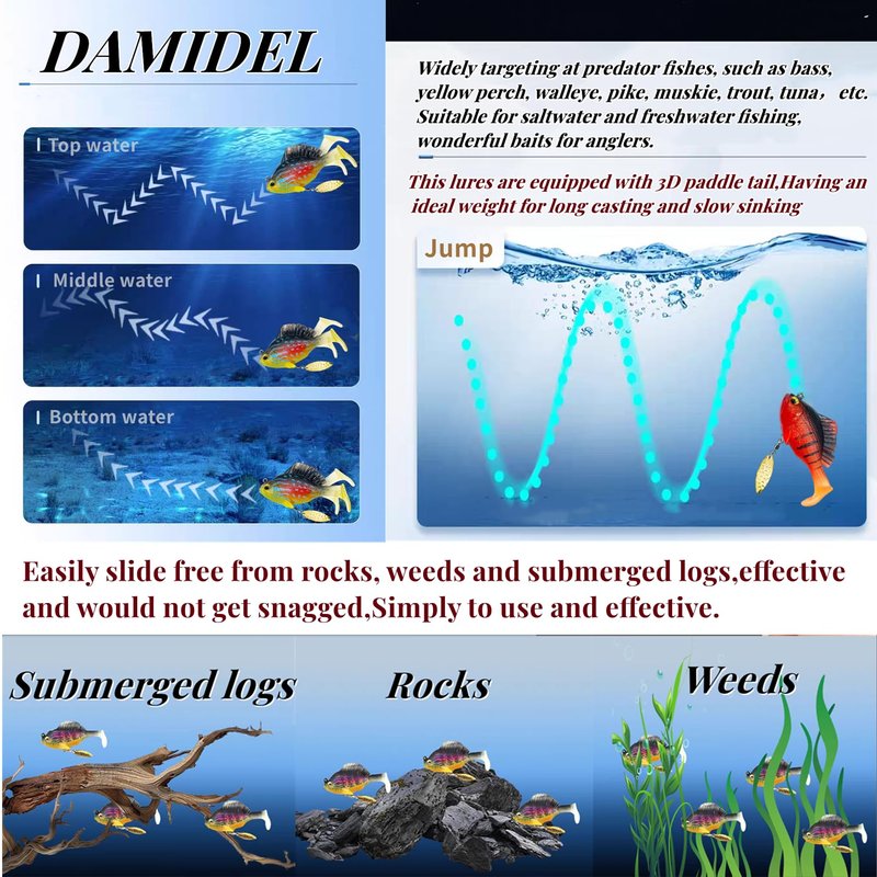 DAMIDEL 6Pcs Pre-Rigged Jig Head Soft Fishing Lures,Paddle Tail Swimbaits/3D Eyes/Spinner Blades for Bass Fishing,Hidden Ultra-Sharp Hook in the top fin,Fishing Bait for Freshwater Saltwater