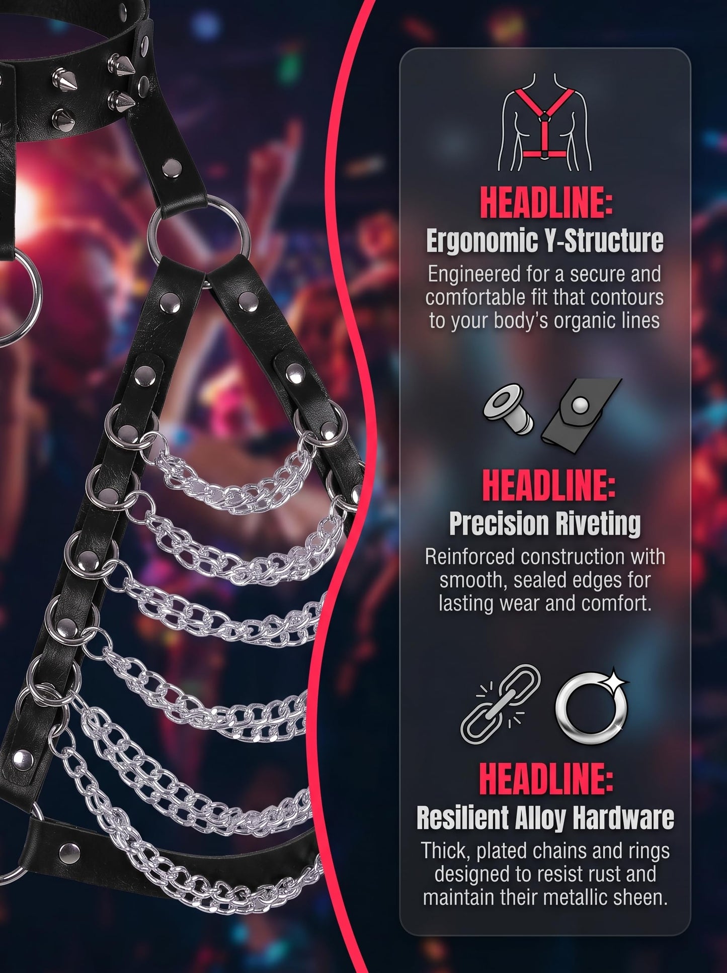 Punk Layered Chest Chain,Leather Bra CageStyle Shoulder Strap,Punk Black Leather Chest Harness Body Waist Chain Belt Rave Nightclub Belly Bra Jewelry Accessor for Halloween Carnival