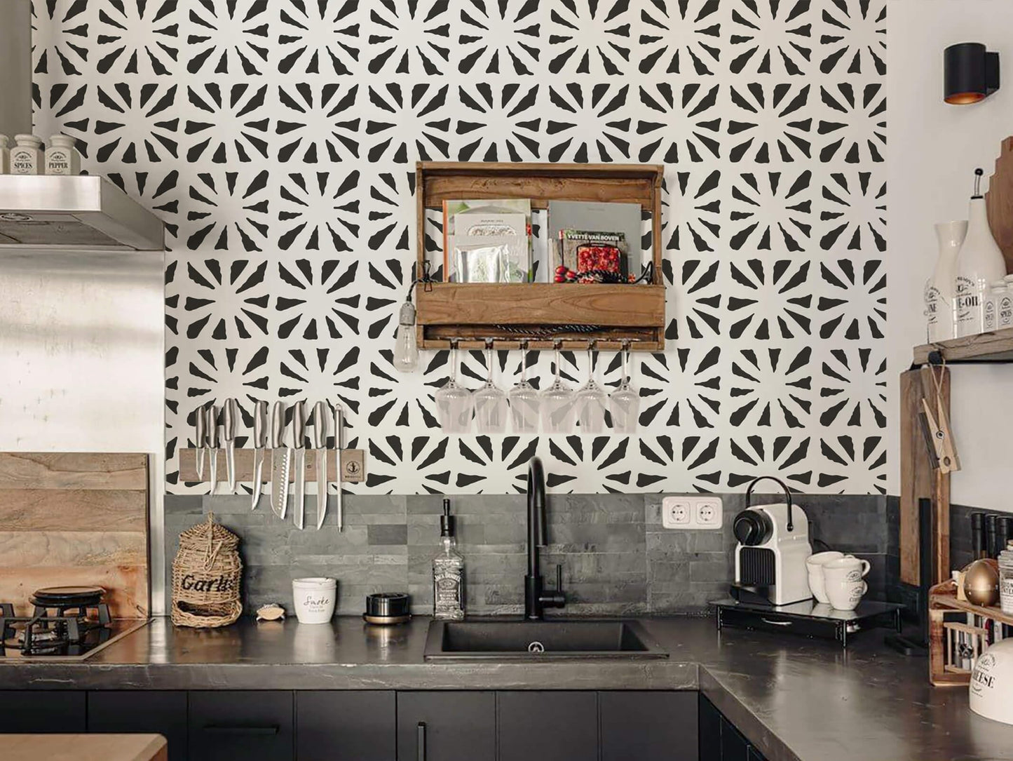 Fiula Boho Peel and Stick Wallpaper Vintage Wallpaper Geometric Wall Paper 393"×17.3" Black and Beige Retro Contact Paper Renter Friendly Self-Adhesive Waterproof Removable Bathroom Bedroom Vinyl