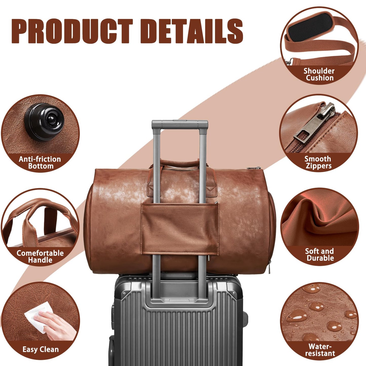 Leather Garment Bag,Convertible Garment Duffel Bag for Travel Mens Suit Bag 2 in 1 Waterproof Foldable Carry on Garment Bag with Shoulder Strap Weekender Bag with Shoe Pouch