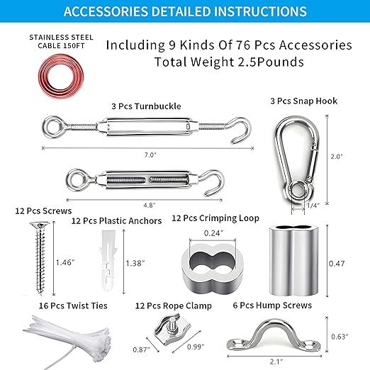 Globe String Light Suspension Kit, Outdoor Light Guide Wire, Vinyl Coated Stainless Steel Steel Cable,Include 150ft Transparent PVC and 304 Stainless Steel Wire Cable, Turnbuckle and Hooks